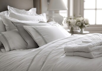 Poster - Elegant Bedroom with White Bedding Pillows and Towels Featuring a Lamp and Subtle Floral Decor on Nightstand : Generative AI