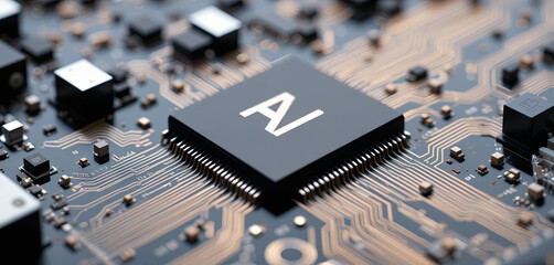 Poster - A detailed close-up of a computer chip featuring AI branding rests on a circuit board. The image highlights a complex arrangement of electronic components and connections