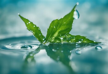 Wall Mural - sunny leaf blue water drop green background light environment organic conservation life abstract dro