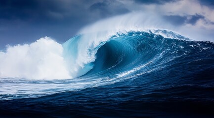 Poster - Powerful Ocean Wave Crashing with Foam and Spray Dramatic Sky and Deep Blue Water Scenery Photography : Generative AI