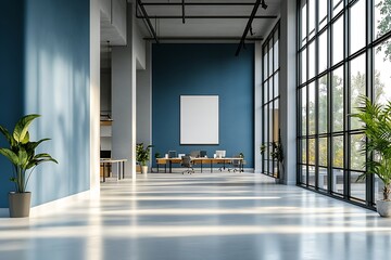 Fototapete - Modern Open Office Interior with Blue Walls and Large Windows Minimalist Design Light Filled Workspace with Plants : Generative AI