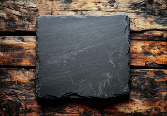 Aufkleber - Rustic Slate Cutting Board on Weathered Wood Background Vintage Kitchen Food Photography Prop Copy Space : Generative AI