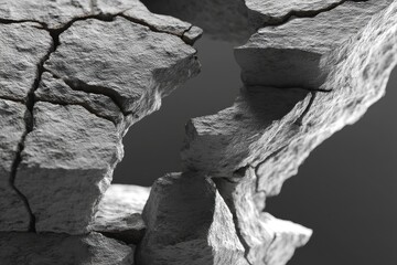 Poster - A creative macro shot of a textured stone surface with intricate cracks and patterns in black and white, with the stone in sharp focus and the natural environment softly blurred