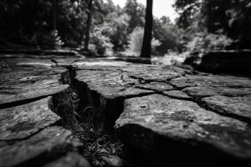 Poster - Monochrome close-up of a cracked rock surface with lush vegetation in the background, creating a dramatic and textured outdoor scene in a forest environment.