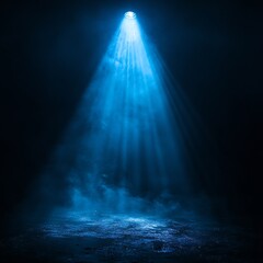 Aufkleber - Blue Spotlight Beam Illuminating Stage with Smoke and Fog Dramatic Lighting Effect for Concert or Event Background : Generative AI