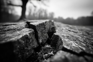 Poster - A dramatic monochrome close-up of a cracked and textured stone surface in nature, with a blurred background, showcasing depth and contrast, inviting exploration.