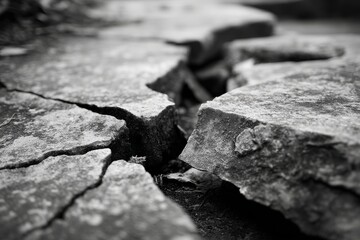 Poster - A stark monochrome close-up capturing the rugged texture of cracked stones, showcasing nature's raw beauty and inherent geological details, inviting contemplation.