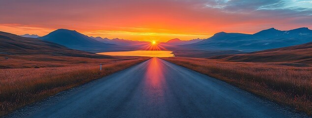 Aufkleber - Scenic Road to Mountain Range at Sunset with Beautiful Orange and Pink Sky Travel and Adventure Photography : Generative AI