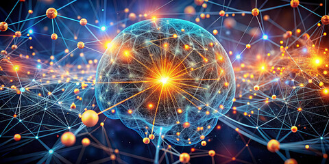 Poster - A detailed digital illustration displays a brain connected by luminous pathways and glowing nodes, emphasizing neural connections and data flow