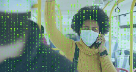 Poster - Person wearing mask on phone with green digital code animation overlay