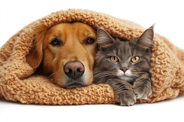 Poster - Adorable Golden Retriever and Gray Cat Snuggling Together in Cozy Blanket Cute Friendship Pet Portrait Soft and Warm : Generative AI