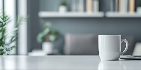 Poster - Modern Workspace with White Coffee Mug on Desk Blurred Background with Green Plants Minimalist and Productive Office : Generative AI