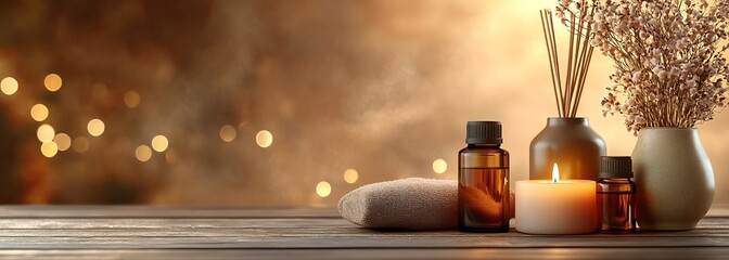 Poster - Serene Spa Still Life with Essential Oils Candle and Towel for Relaxation and Wellness in Warm Golden Light : Generative AI