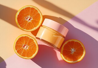 Aufkleber - Minimalistic Display of an Orange Face Cream Jar with Fresh Orange Halves Arranged for an Aesthetic Touch : Generative AI