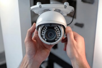 Poster - Security specialist installs surveillance equipment in a modern setting for enhanced protection