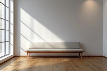 Aufkleber - Minimalist Interior with Bench Sunlight Streaming Through Window White Walls Hardwood Floors Simple Design Home Decor Serene Space : Generative AI