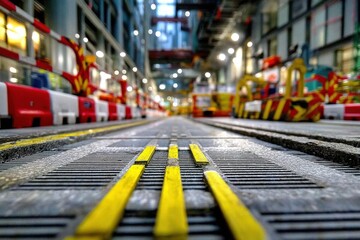 Poster - Close-up view of a factory floor with yellow markings and industrial equipment blurred in the background, creating a sense of depth and scale.