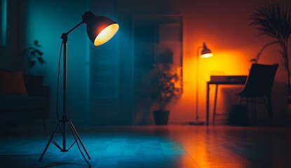 Poster - Stylish living room scene with two floor lamps casting orange and blue light creating a cozy atmosphere : Generative AI