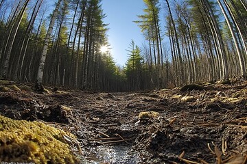 Poster - Forest Floor Perspective with Sunlight through Trees Nature Scene Hiking Trail Adventure Explore Wilderness Outdoors : Generative AI