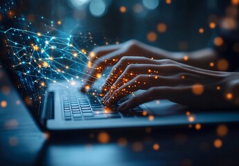 Aufkleber - Hands Typing on Laptop Keyboard with Glowing Network Connections Futuristic Technology Concept Digital Communication : Generative AI