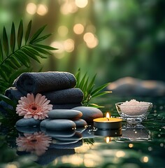 Aufkleber - Soothing atmosphere with decorative candles towels and stacked stones in nature : Generative AI
