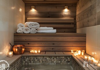 Aufkleber - Relaxing spa sauna interior with candles soft lighting and neatly stacked towels for ultimate comfort : Generative AI