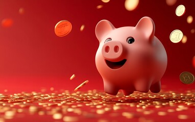 Aufkleber - Cute Piggy Bank with Golden Coins Symbolizing Savings and Finance Set Against a Vibrant Red Background in a Studio Shot : Generative AI