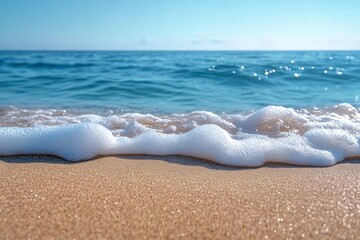 Poster - Close Up of Ocean Waves Crashing on Sandy Beach Shoreline with Blue Water Creating a Refreshing Coastal Scene : Generative AI