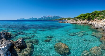 Aufkleber - Stunning Rocky Shoreline with Turquoise Waters Surrounding Majestic Mountain Views : Generative AI