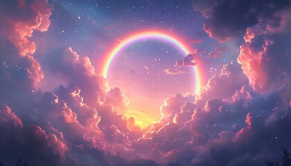 Poster - Enchanting scene depicting a softly glowing rainbow encircled by ethereal clouds and twinkling stars : Generative AI