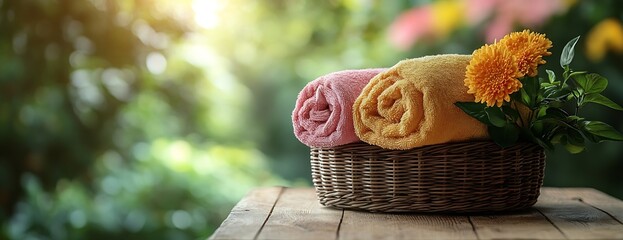 Poster - Spa Towels Basket and Flowers on Wooden Table with Green Garden Background Relax and Wellness Concept : Generative AI