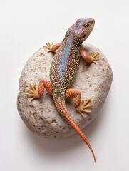 Aufkleber - Colorful lizard resting on textured rock against a white background casting a gentle shadow
