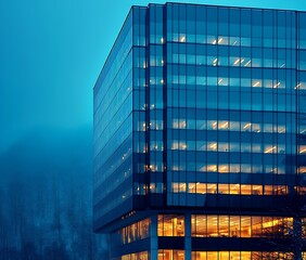 Poster - Modern Office Building with Glass Facade at Twilight Corporate Architecture and Urban Landscape : Generative AI