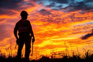 Aufkleber - Construction worker with tools stands silhouetted against a dramatic sunset sky filled with vibrant colors and clouds