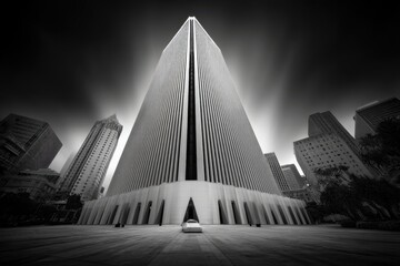 Poster - Dramatic black and white cityscape featuring a towering skyscraper, imposing modern architecture with clean lines, emphasizing urban development and structural design.