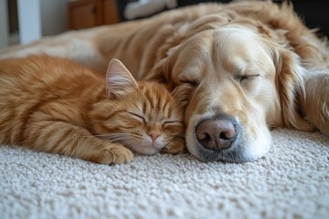 Poster - Cute Cat and Dog Sleeping Together Adorable Pets Golden Retriever and Ginger Tabby Kitten Friendship Animal Love Peaceful Nap Pet Photography : Generative AI