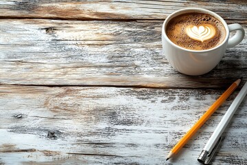 Aufkleber - Coffee Cup with Latte Art and Pencils on Rustic Wooden Table Minimalist Workspace Cozy Morning Caffeine Break Concept : Generative AI