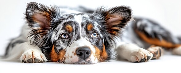 Poster - Cute Merle Australian Shepherd Dog Relaxing Isolated on White Background Beautiful Puppy Animal Portrait Friendly Pet : Generative AI