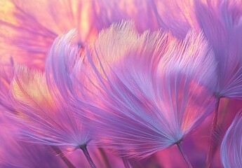 Poster - Delicate and Ethereal Soft Pink and Purple Feathers Bathed in Warm Light : Generative AI