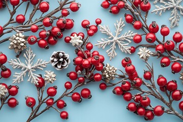 Aufkleber - Festive Christmas Decoration with Red Berries Pine Cone and Silver Snowflakes on Light Blue Background Winter Holiday Still Life : Generative AI