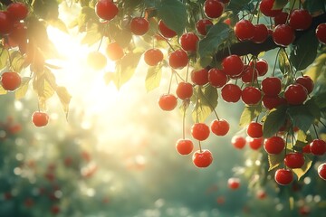 Aufkleber - Sweet Cherries on the Branch with Sunlight. Summer Harvest Delicious Ripe Fruits Hanging from Tree Fresh and Juicy Cherries : Generative AI
