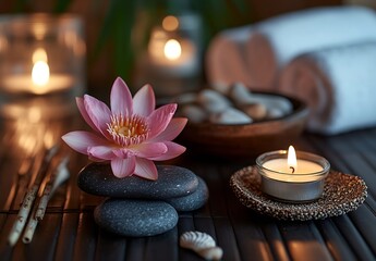 Poster - Serene Spa Still Life with Lotus Flower Candles and Stones for Relaxation and Wellness Retreat Concept : Generative AI