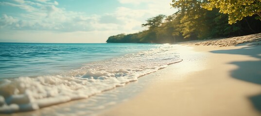 Aufkleber - Tropical Beach Scenery with Ocean Waves and Lush Green Vegetation Holiday Getaway Island Paradise Coastal View : Generative AI