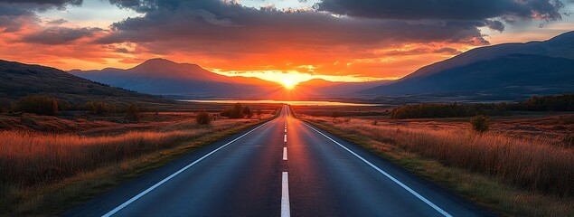 Aufkleber - Scenic Route Majestic Sunset View Along a Highway Leading Towards Mountains A Perfect Backdrop for Travel and Adventure Themes : Generative AI