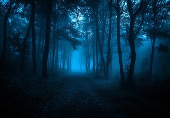 Aufkleber - Mysterious blue forest path enveloped in fog inviting exploratory adventure : Generative AI