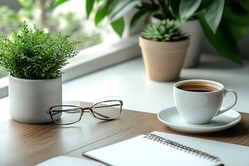 Poster - Cozy Workspace Still Life with Coffee Plants and Notebook on a Wooden Desk by a Window : Generative AI