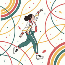 Pink silhouette illustration of a dancing woman exudes fashion and joy at a disco party