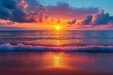 Poster - Vibrant Sunset at Sea Beach Reflecting Colorful Sky and Warm Light A Scenic Seascape with Waves and Clouds : Generative AI