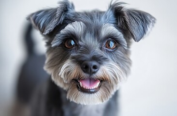 Poster - Close Up Portrait of Adorable Miniature Schnauzer Dog with Grey Fur and Brown Eyes Domestic Pet Photography : Generative AI