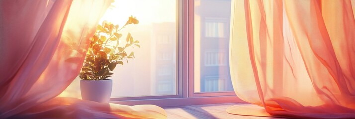 Leinwandbilder - Delicate window with soft curtains blowing gently in a warm sunny pastel morning atmosphere